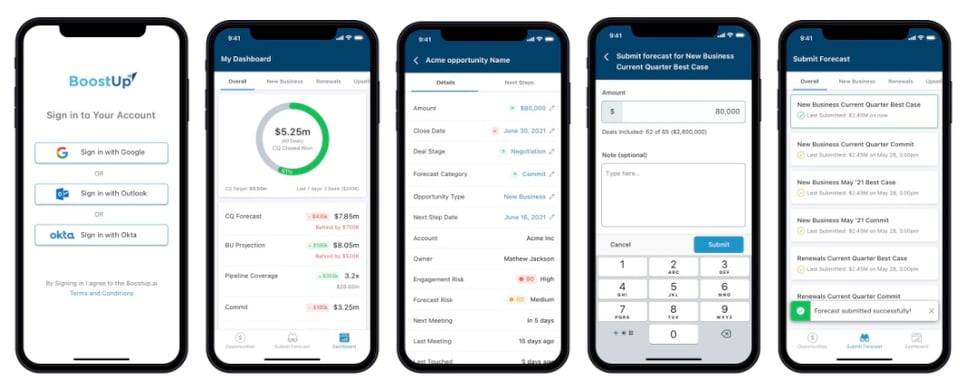 BoostUp AI Mobile for Revenue Teams - Review your deal dashboard, manage and update your deals, submit your forecast and dictate the next steps with the convenience of BoostUp’s mobile app.