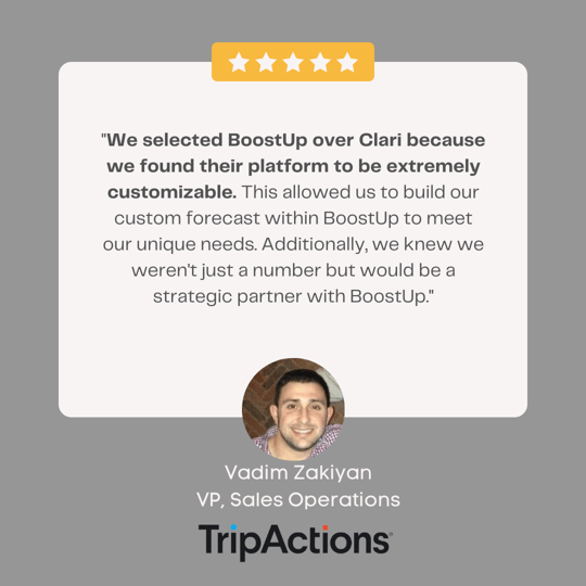 We selected BoostUp over Clari because we found their platform to be extremely customizable. - Vadim Zakiyan, VP Sales Operations, TripActions